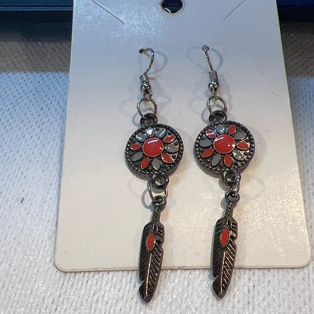 Vintage-Inspired Red and Silver Feather Earrings